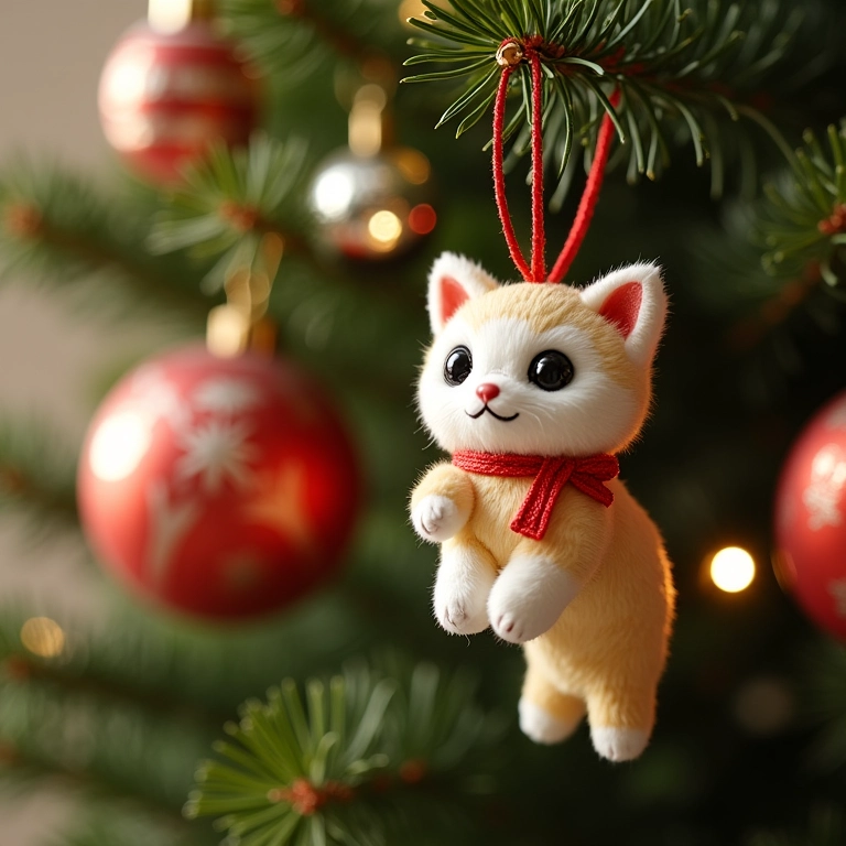 Enfeites de gatinhos amigurumi em uma árvore de Natal.