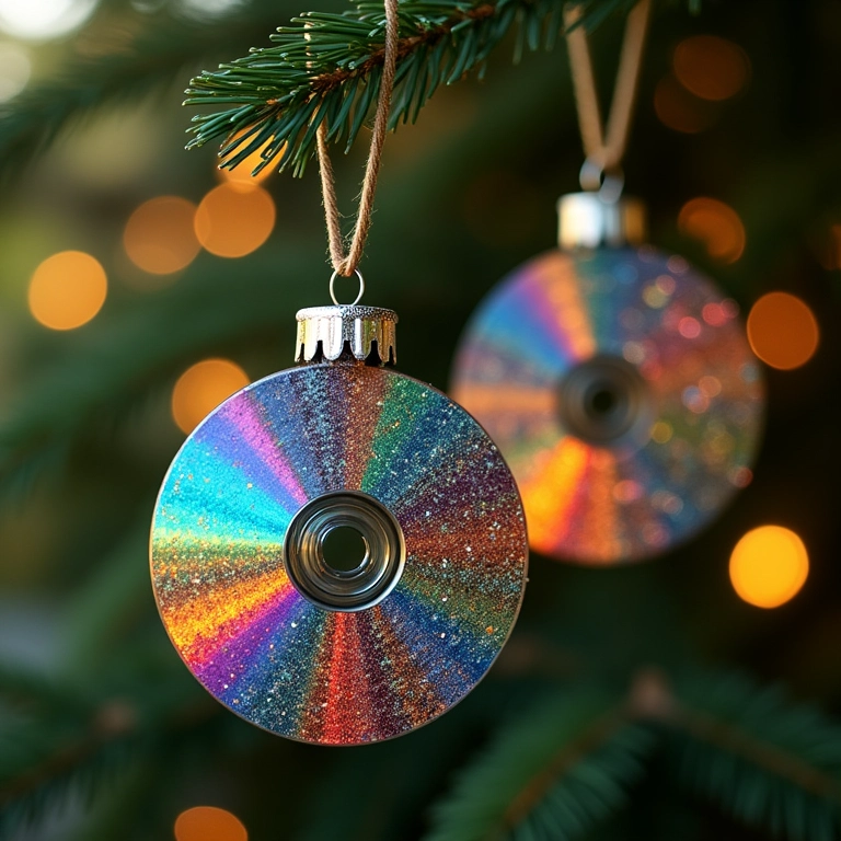 Enfeites de Natal sustentáveis feitos com CDs, coloridos e brilhantes.