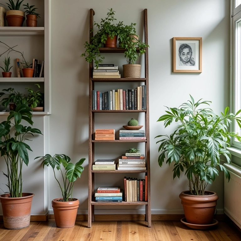 Escada antiga reutilizada como estante em uma sala de estar aconchegante com plantas e livros.