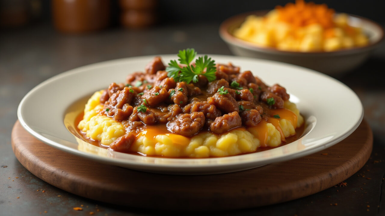 Escondidinho de carne moída, creamy mashed potatoes, cheese gratin, rustic kitchen, brazilian Escondidinho de carne moída cremoso gratinado.