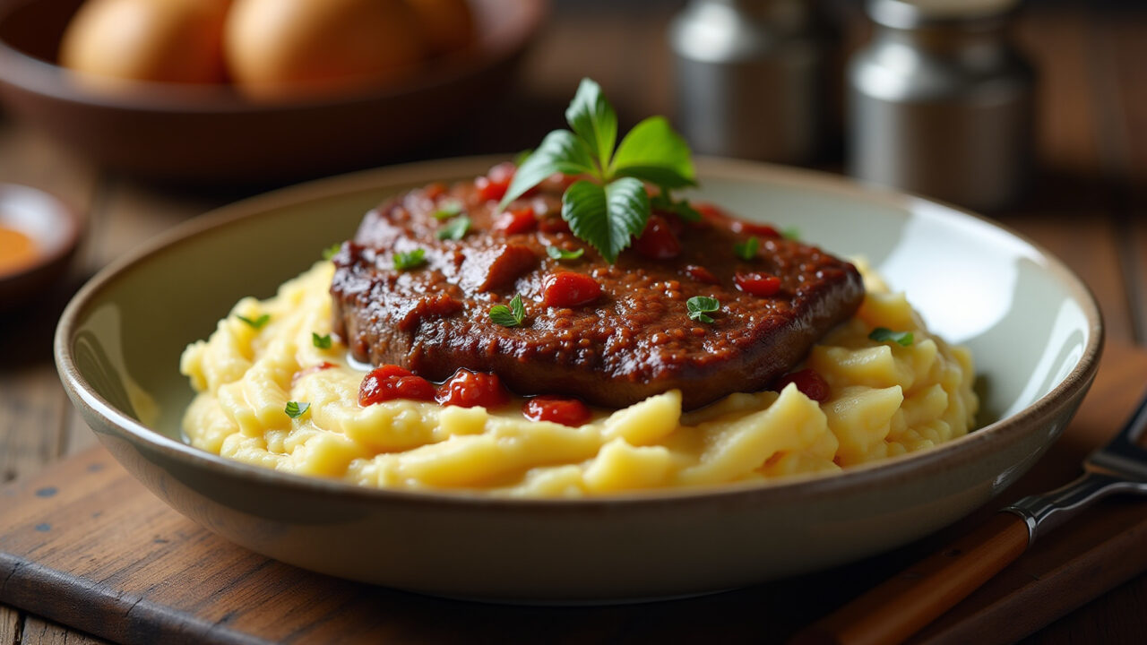 Escondidinho de carne seca, rustic setting, professional photography, 8K quality, natural lighting, Escondidinho de carne seca com creme de leite temperado.