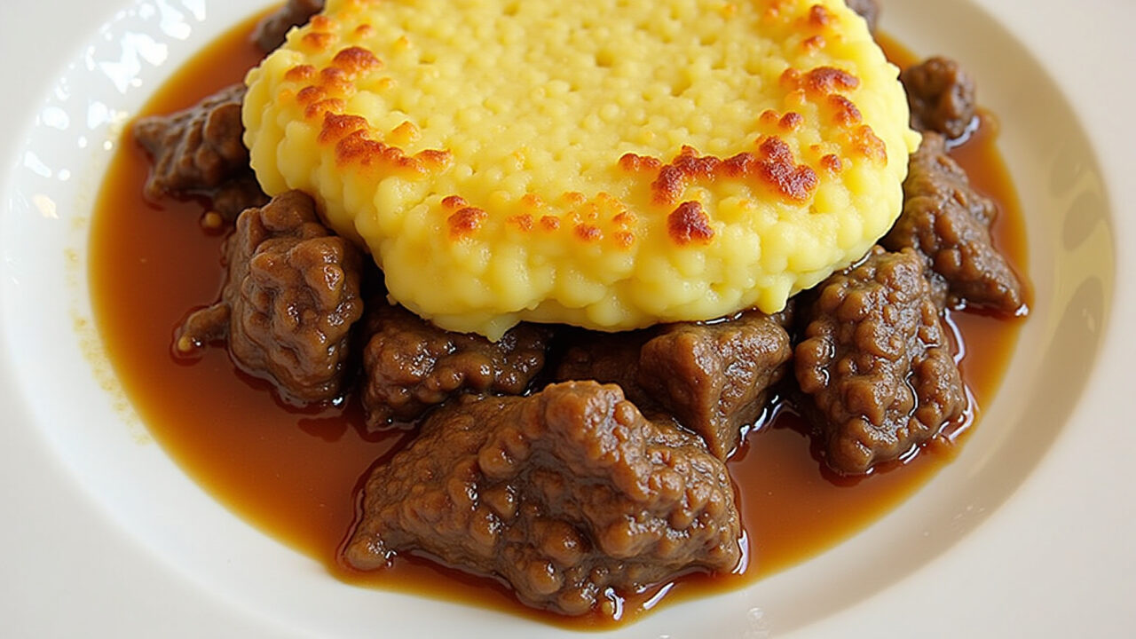 Escondidinho de carne seca with mashed potato topping, golden crust, rustic dish, Brazilian Escondidinho de batatinha com carne seca, gratinado e apetitoso.