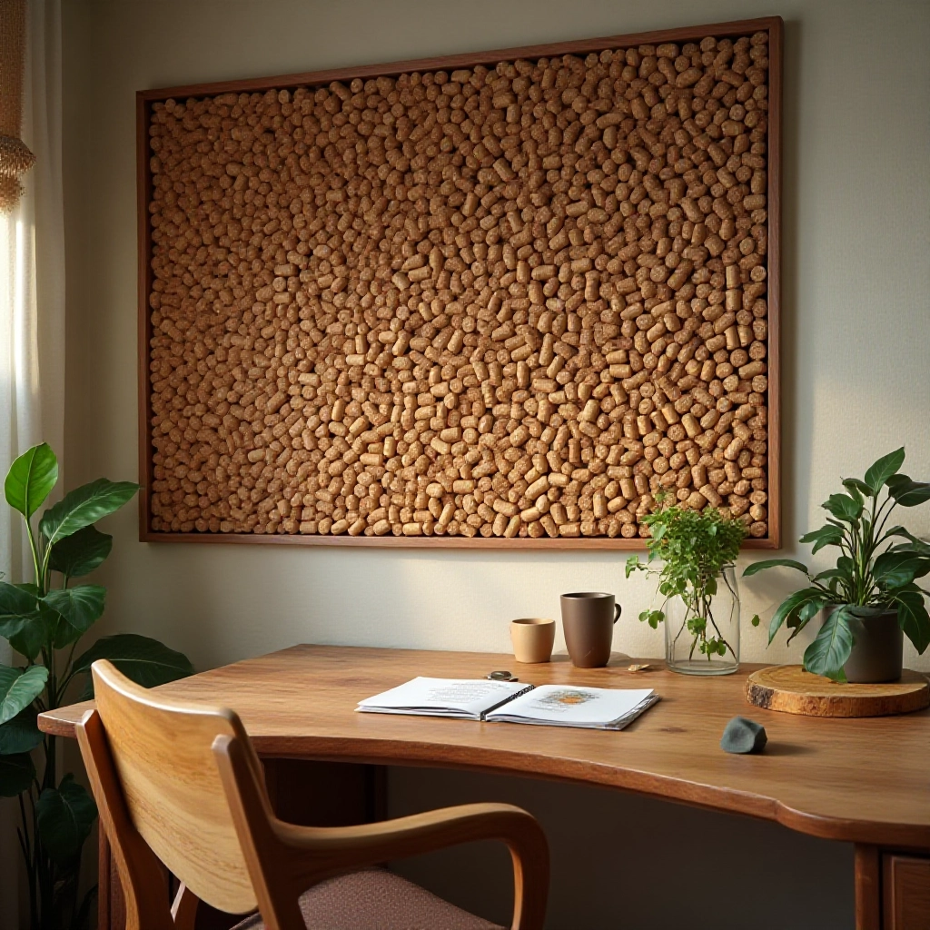 Escritório em casa com quadro de avisos feito de rolhas de cortiça.