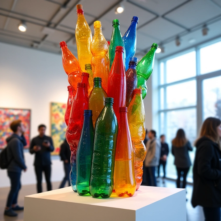 Escultura abstrata feita de garrafas PET coloridas em galeria de arte.