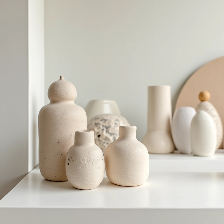 Esculturas e objetos decorativos de cerâmica artesanal.