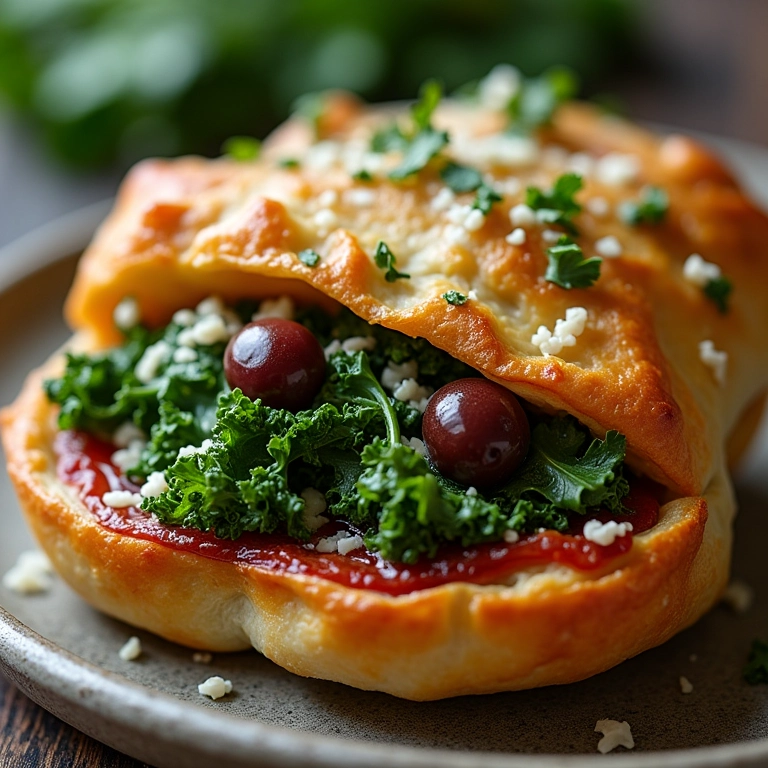 Esfiha com recheio de escarola, azeitonas e parmesão.