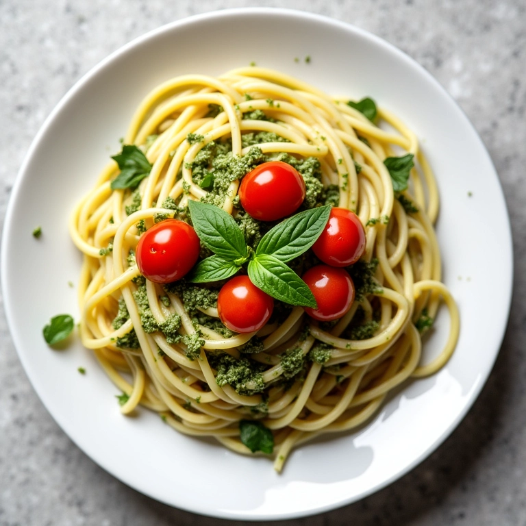 Espaguete com molho pesto e tomate cereja em um prato branco.