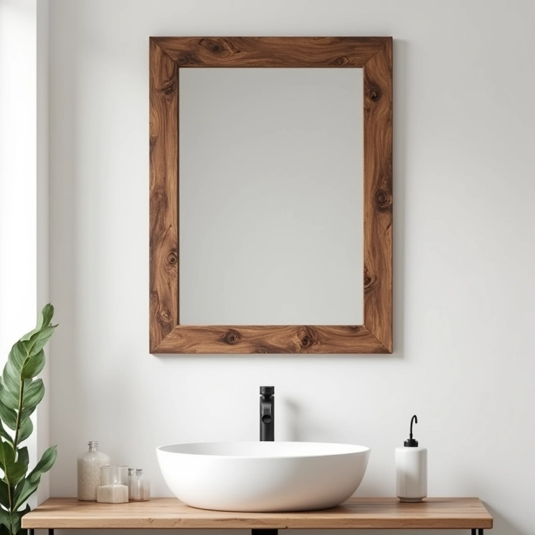 Espelho com moldura de madeira rústica.