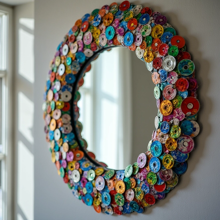 Espelhos decorados com CDs reciclados, em estilo mosaico e cores vibrantes.