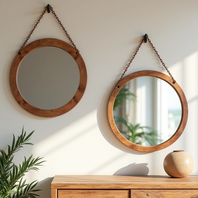 Espelhos decorados com molduras coloridas de MDF reciclado pendurados na parede.