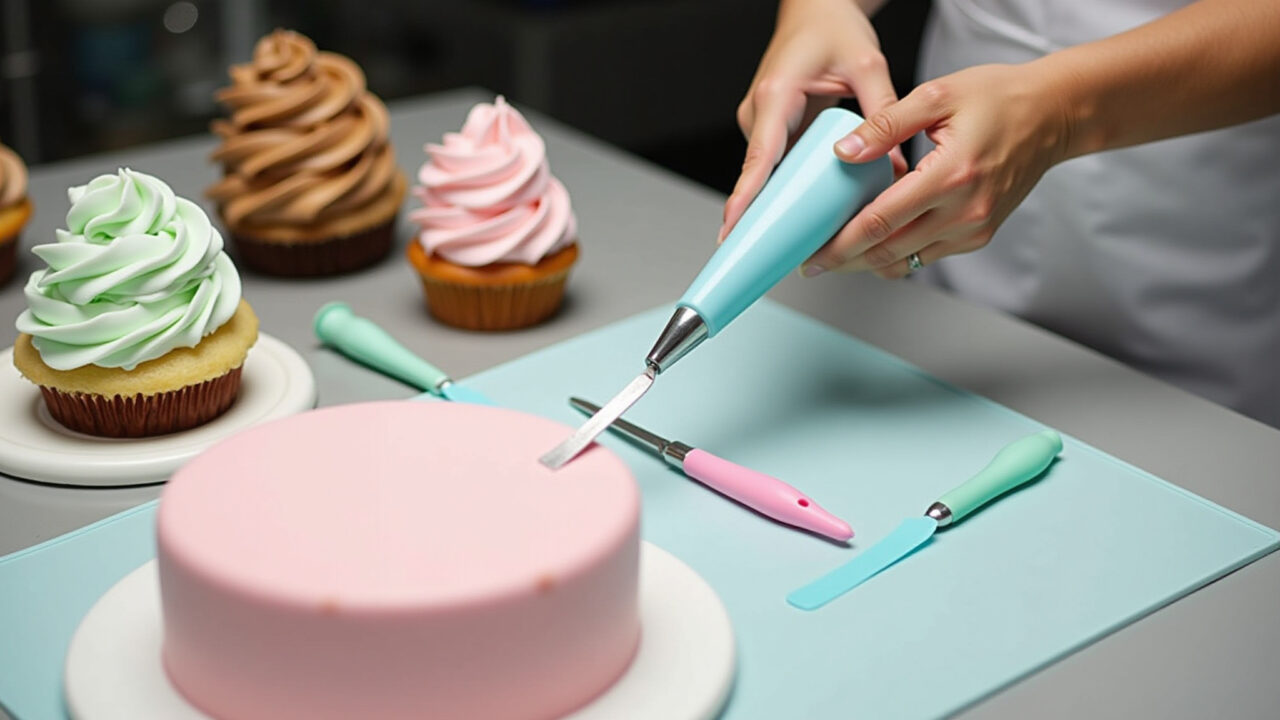 Essential tools for decorating cakes, including piping bags, spatulas, and silicone mats, sharp Ferramentas essenciais para decorar bolo.