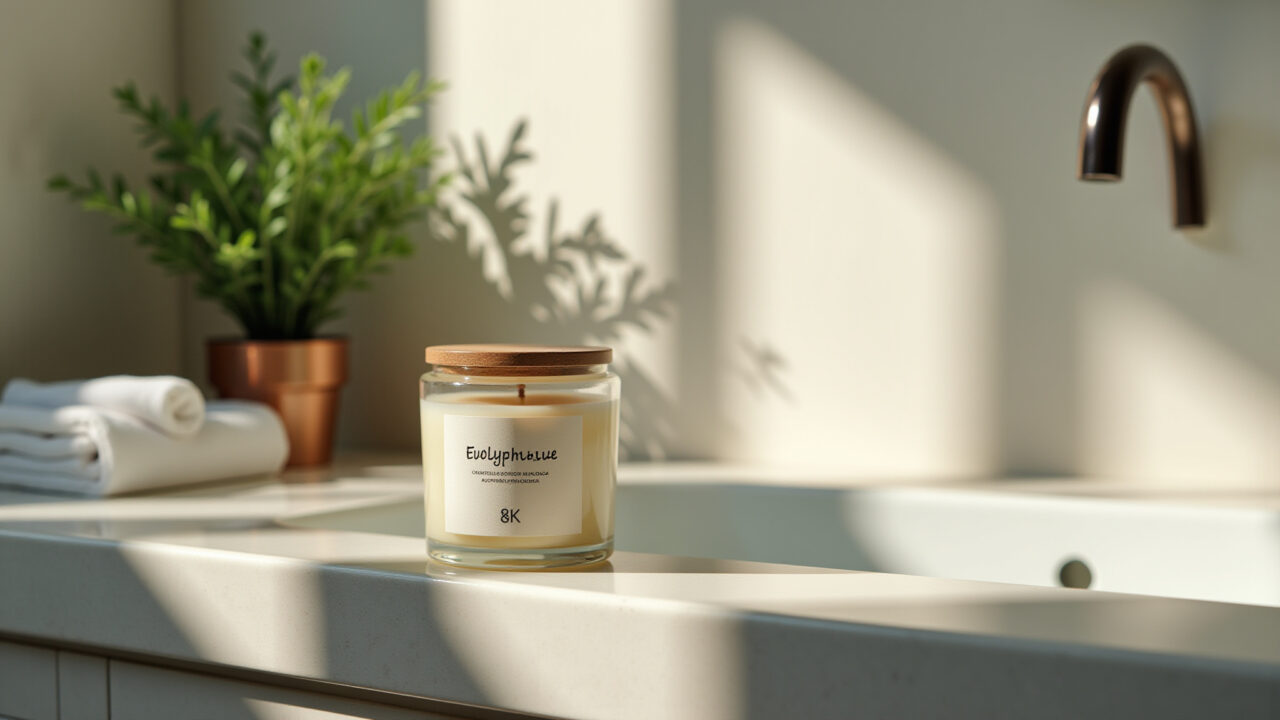 Eucalyptus candle, bathroom, fresh air, natural light, minimalist Brazilian decor, health and Vela de eucalipto para bem-estar respiratório.