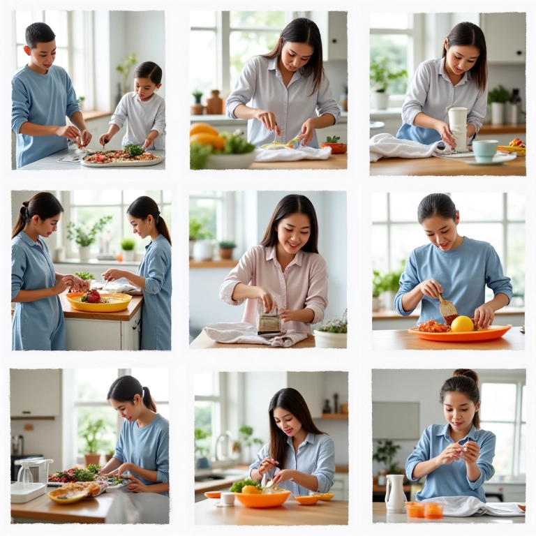 Exemplos práticos de tarefas parentais: lavar roupa, cozinhar, limpar a casa.