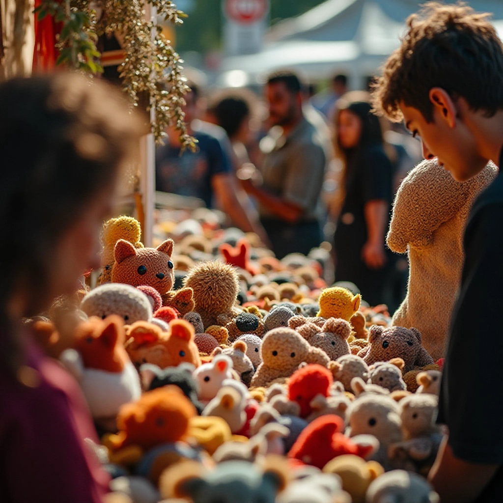 Exposição de amigurumis à venda em feira de artesanato.