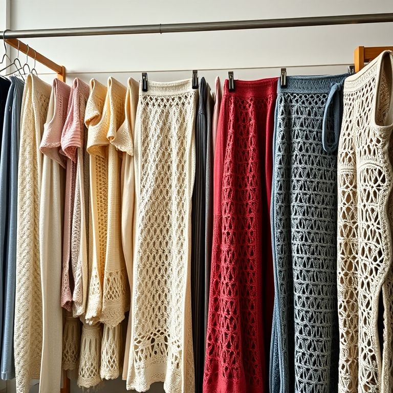 Exposição de várias calças de crochê em uma boutique.