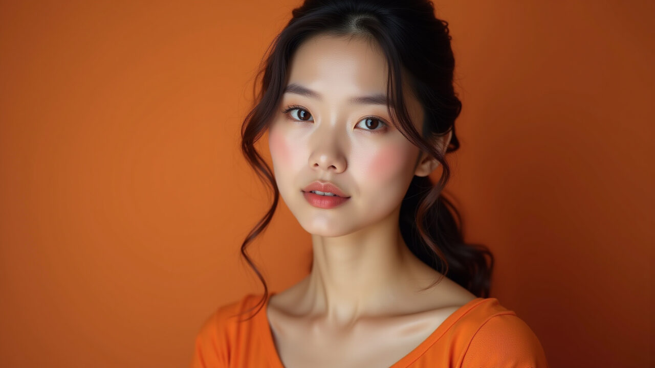 Maquiagem delicada e suave para pele clara com vestido laranja.
