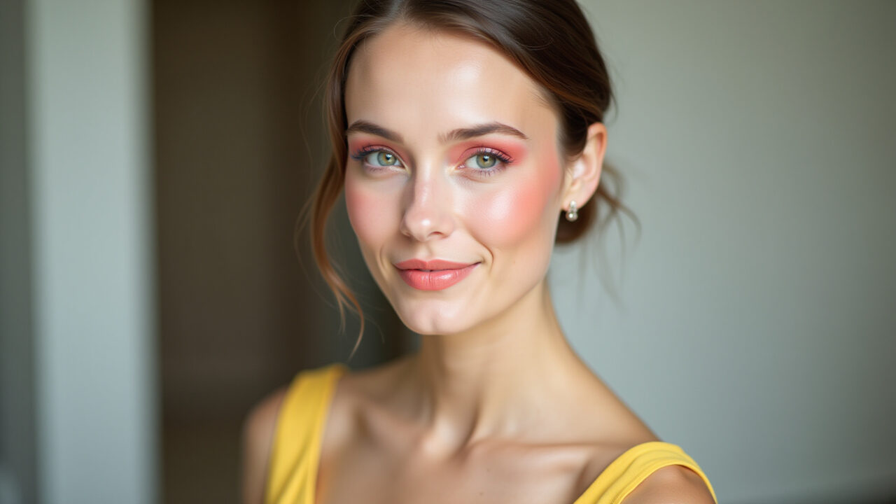 Maquiagem delicada para vestido amarelo e pele clara.