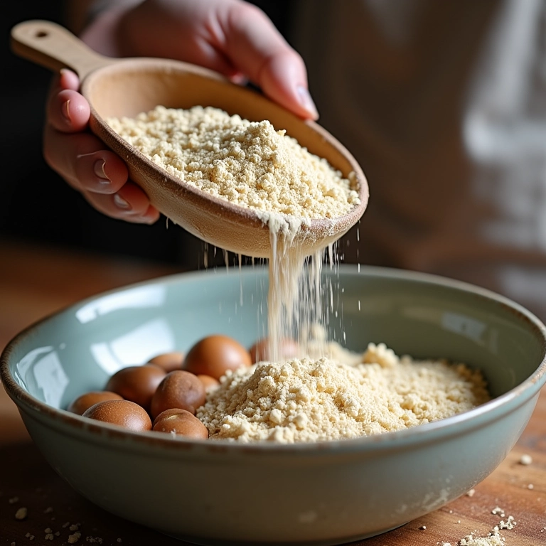 Farinha de avelã sendo peneirada para preparo de receita.