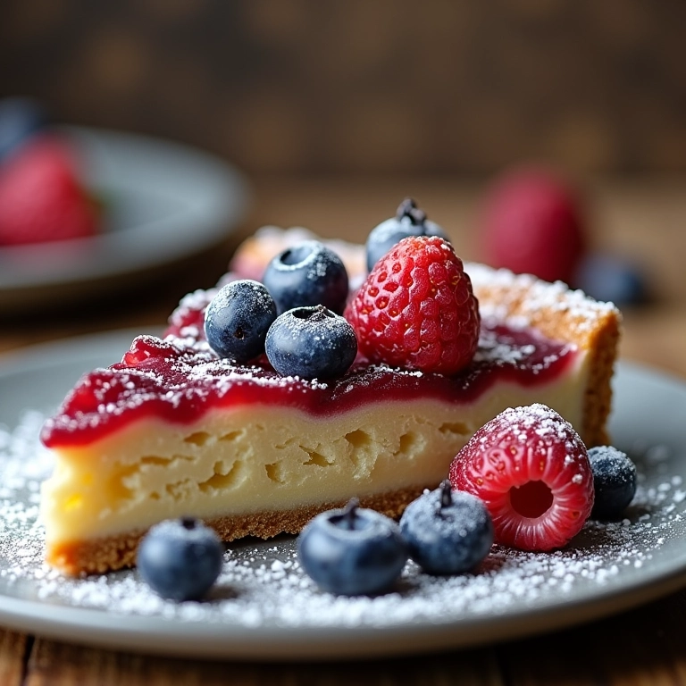 Fatia de bolo de aveia com frutas vermelhas e açúcar de confeiteiro em um prato, uma opção mais saudável para um doce.