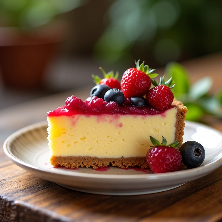Fatia de cheesecake de jabuticaba com calda de frutas vermelhas.