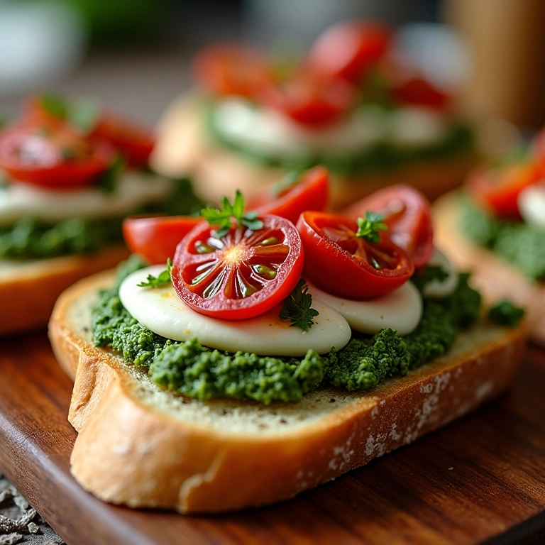 Fatias de pão torrado com pesto, mussarela e tomate seco.