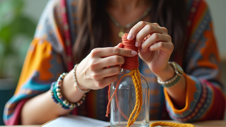 Artesã criando macramê em garrafa de vidro colorida.