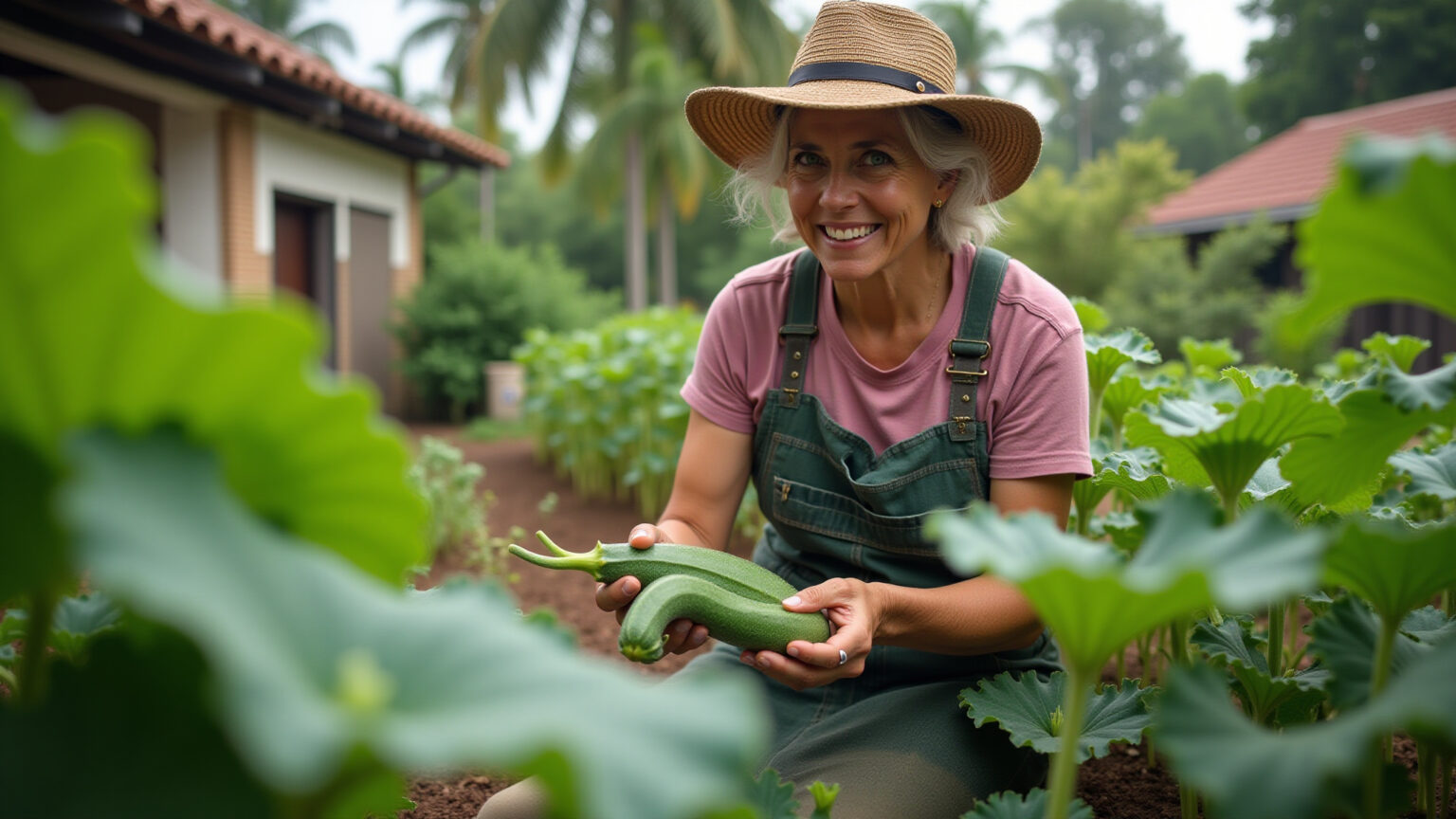 Mulher colhendo quiabo fresco no quintal ensolarado.