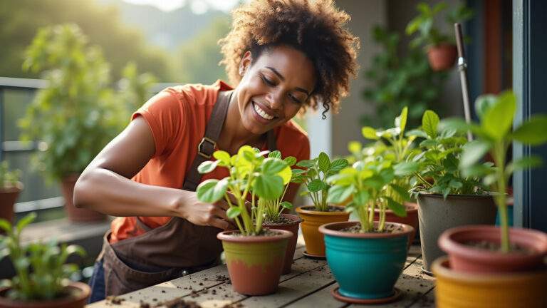 Mulher plantando erva doce em vaso colorido na varanda.