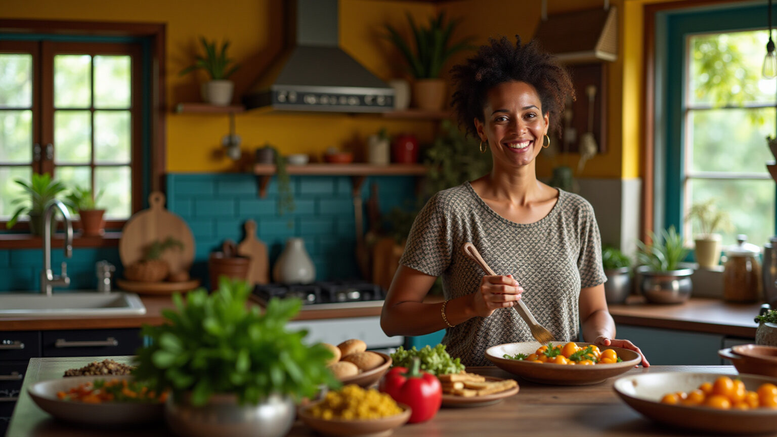 Mulher sorrindo preparando prato de quiabo em cozinha brasileira vibrante.