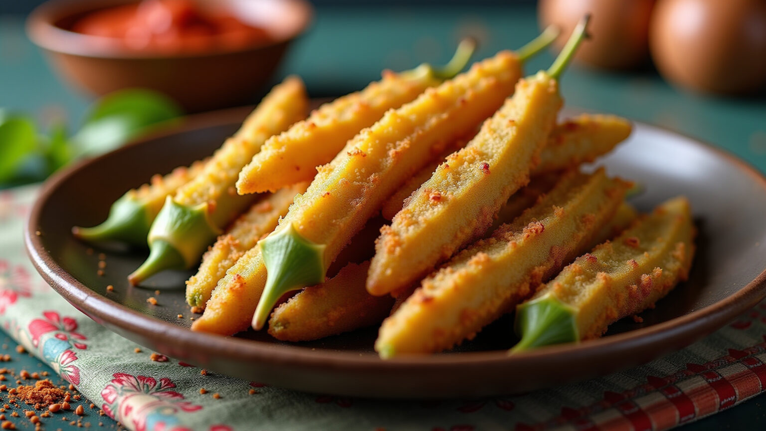 Quiabo frito crocante e dourado.