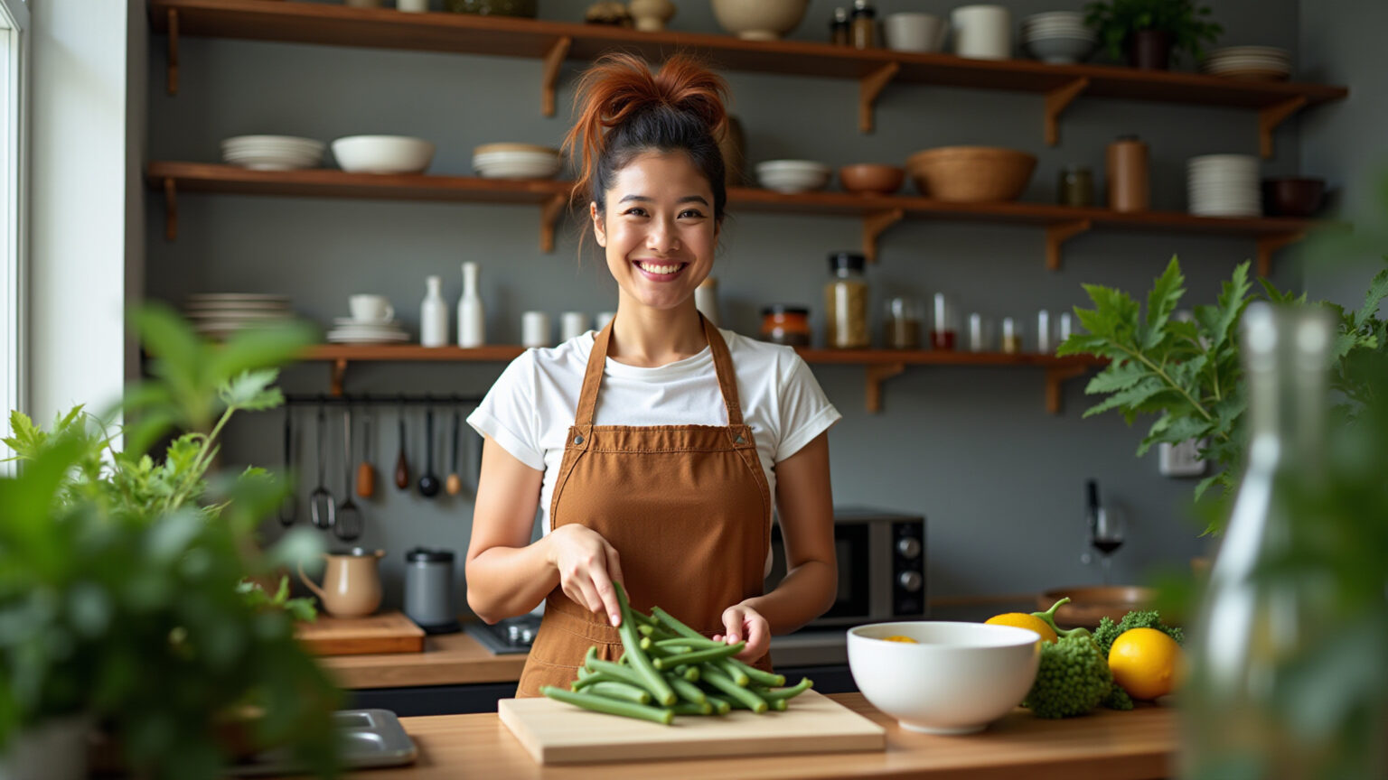 Mulher preparando quiabo sem baba em cozinha moderna e iluminada.