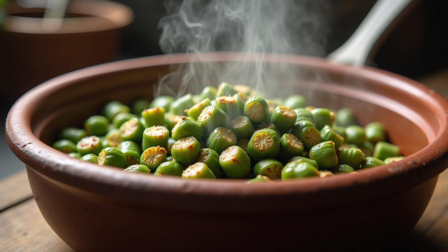 Quiabo refogado em panela de barro, receita simples e saborosa.