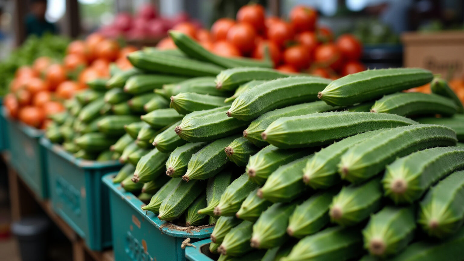 Quiabo fresco e vibrante em uma barraca de mercado brasileiro.