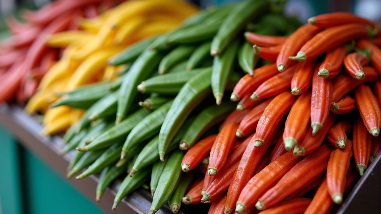 Curiosidades sobre o Quiabo: Fatos Interessantes que Você Não Sabia Quiabos frescos e vibrantes em uma barraca de mercado brasileiro.