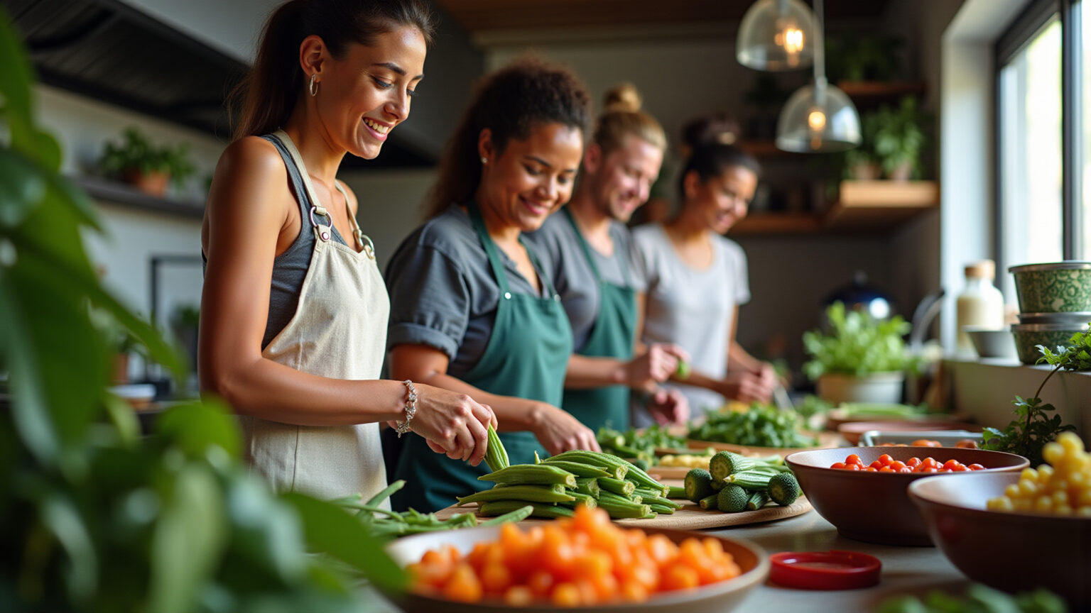 Diversas receitas de quiabo sendo preparadas em uma cozinha brasileira vibrante.