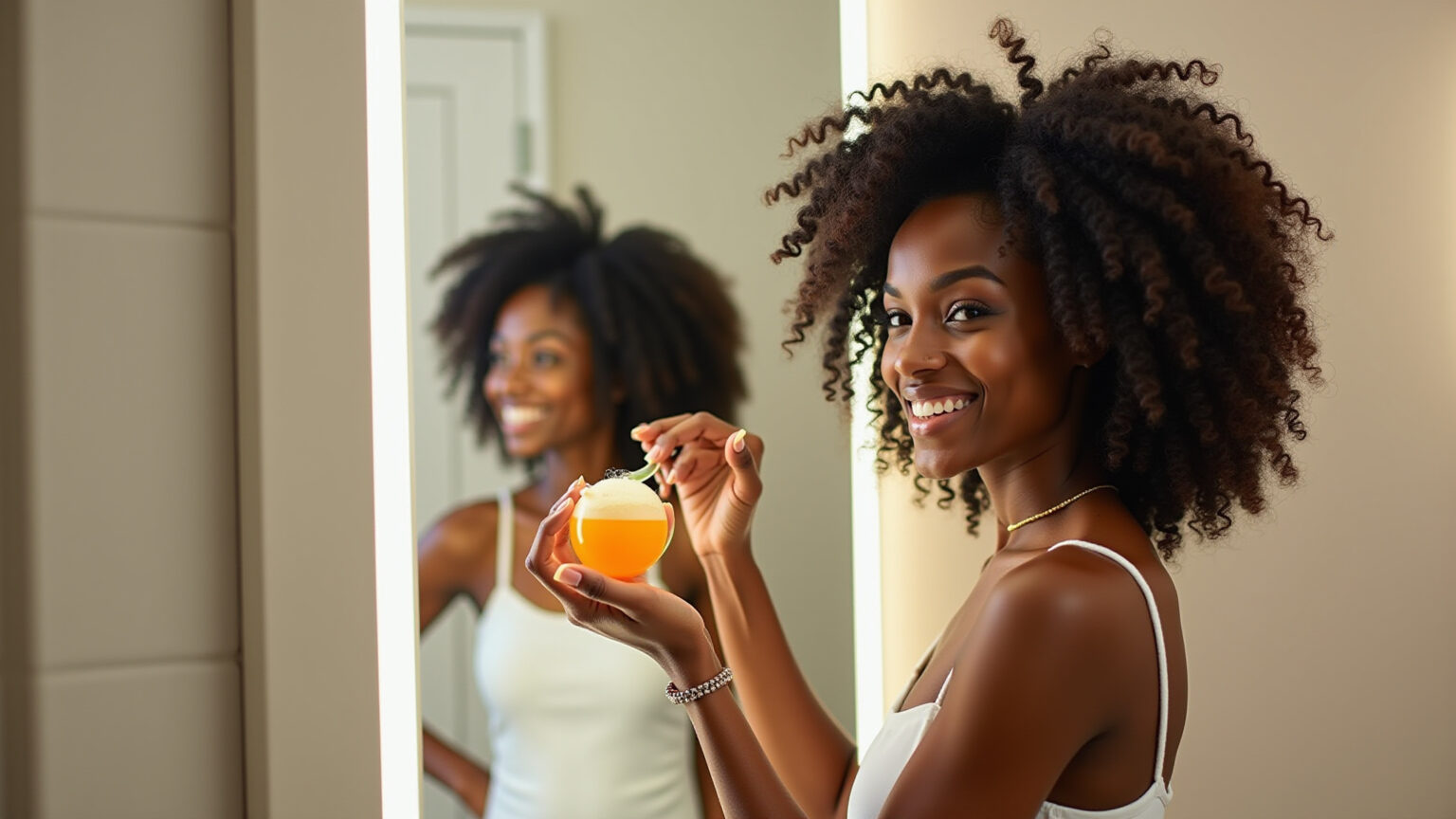 Mulher sorrindo aplicando quiabo no cabelo cacheado.