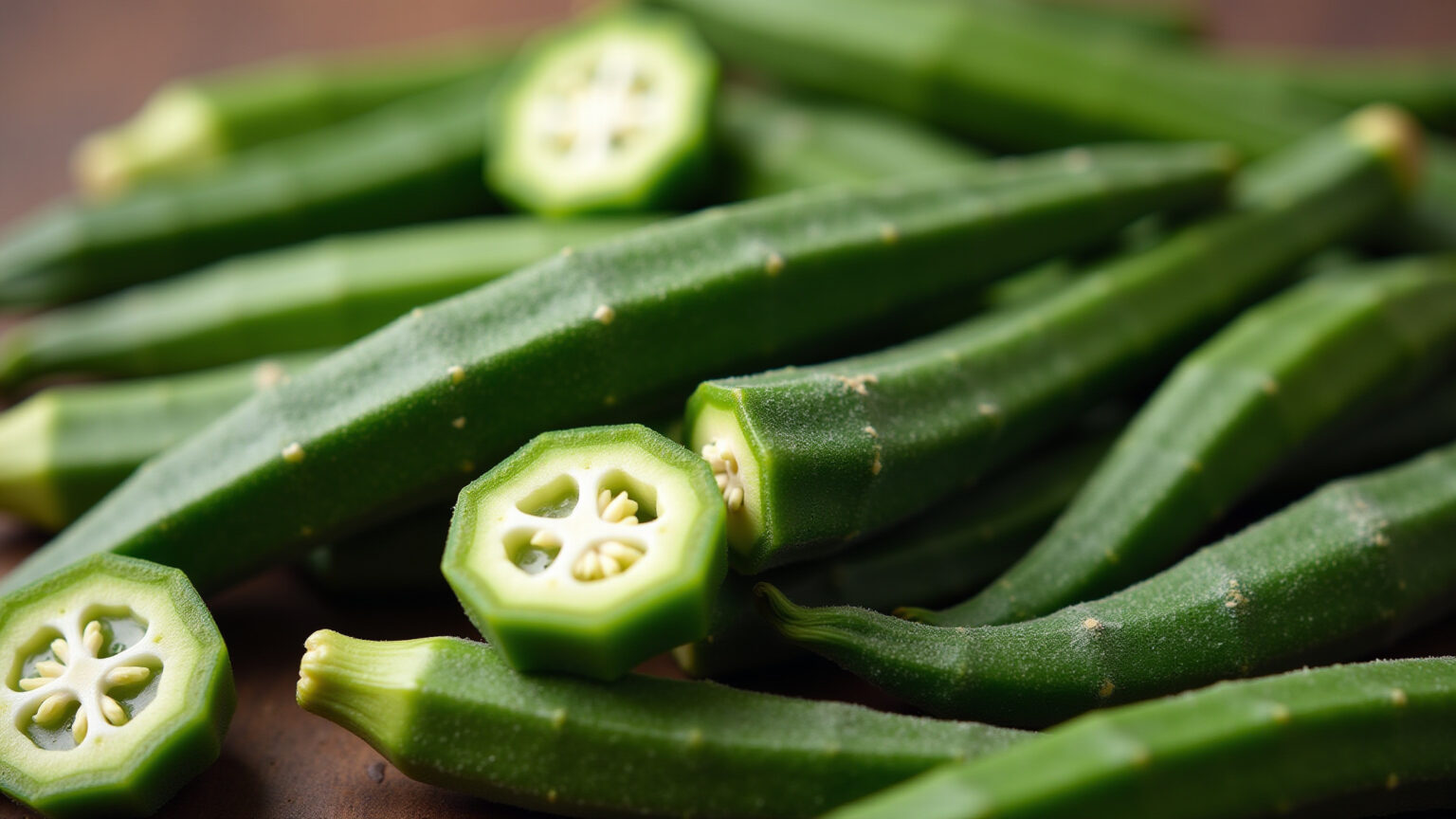 Quiabo fresco em close-up, mostrando sua textura e cor vibrante.