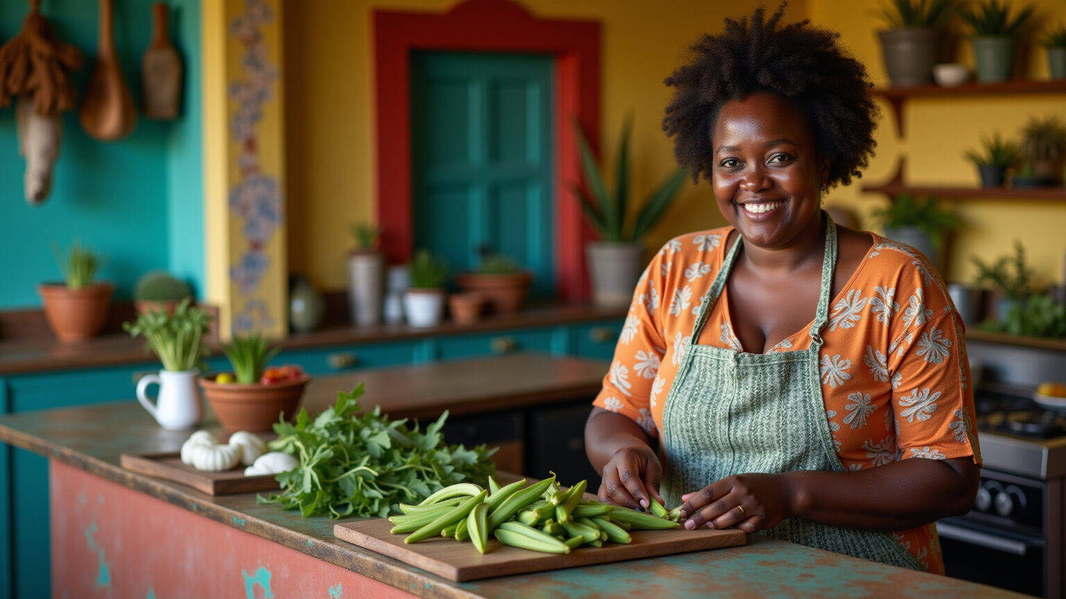 Quem Come Quiabo Não Pega Feitiço: Verdade ou Mito Popular? Mulher preparando quiabo em cozinha vibrante, estilo brasileiro.
