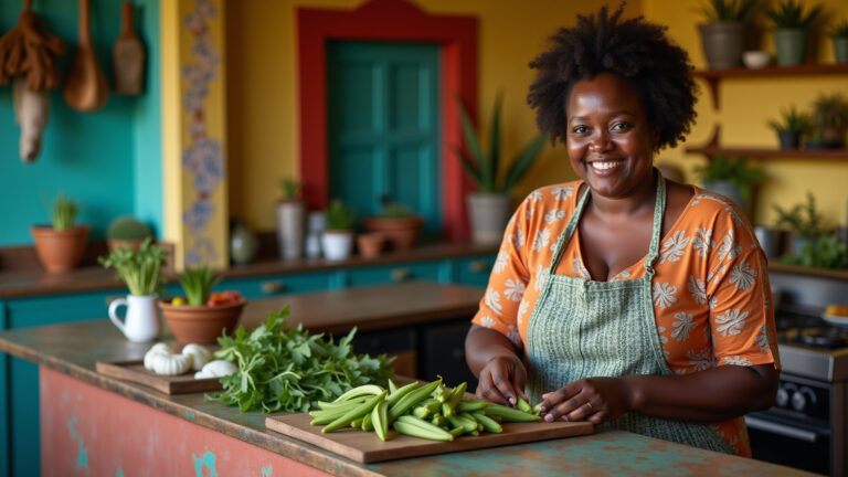 Mulher preparando quiabo em cozinha vibrante, estilo brasileiro.
