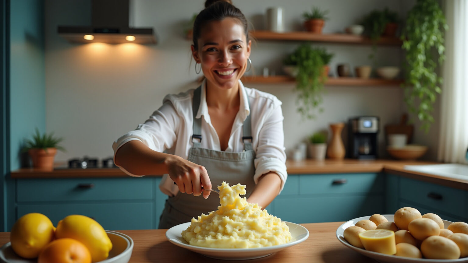 Afinal, pode congelar purê de batata? Descubra os segredos! Mulher preparando purê de batata cremoso em cozinha moderna.