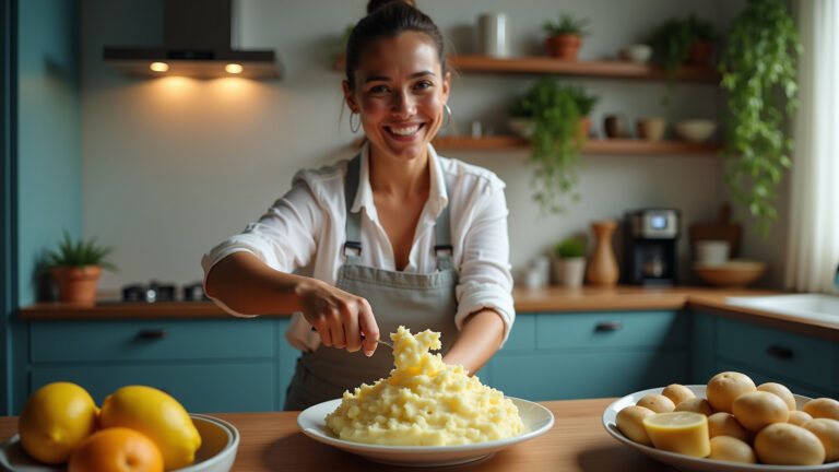 Mulher preparando purê de batata cremoso em cozinha moderna.
