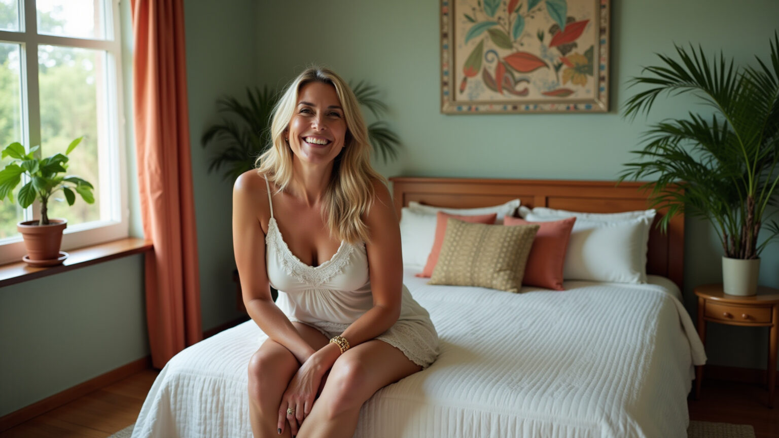 Qual a altura ideal da cama? Descubra o segredo para noites perfeitas! Mulher sentada na cama com joelhos em 90 graus, demonstrando a altura ideal.