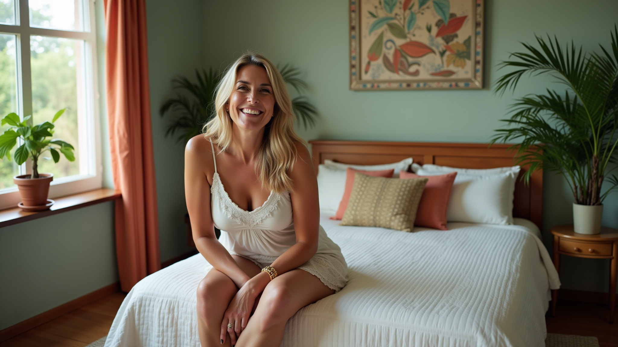 Mulher sentada na cama com joelhos em 90 graus, demonstrando a altura ideal.