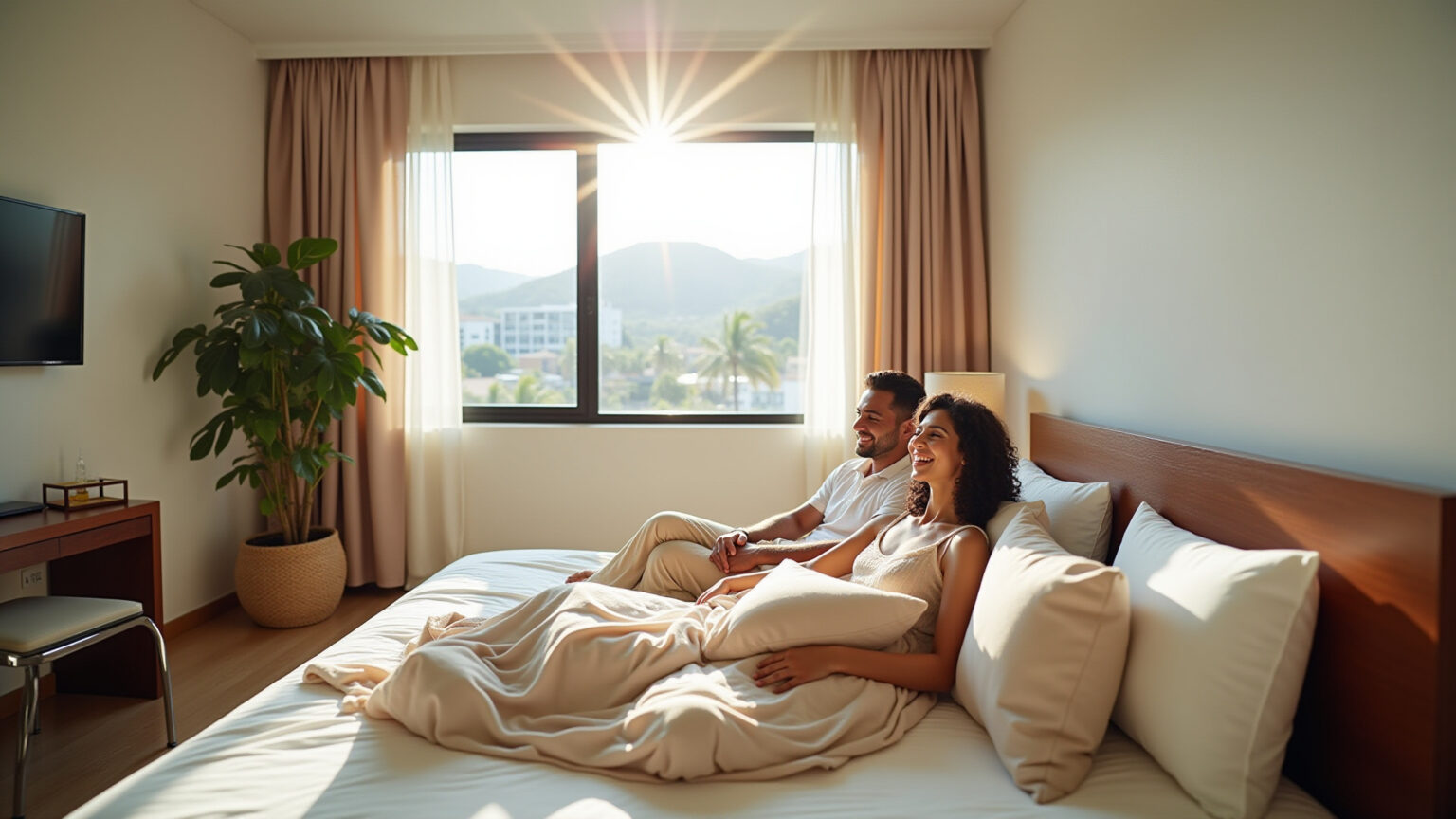 Quarto arejado com cama queen size e casal sorrindo.