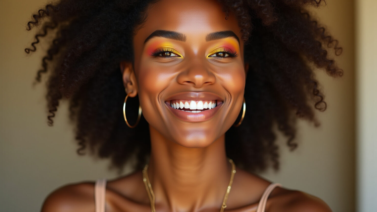 Maquiagem vibrante para combinar com vestido amarelo.