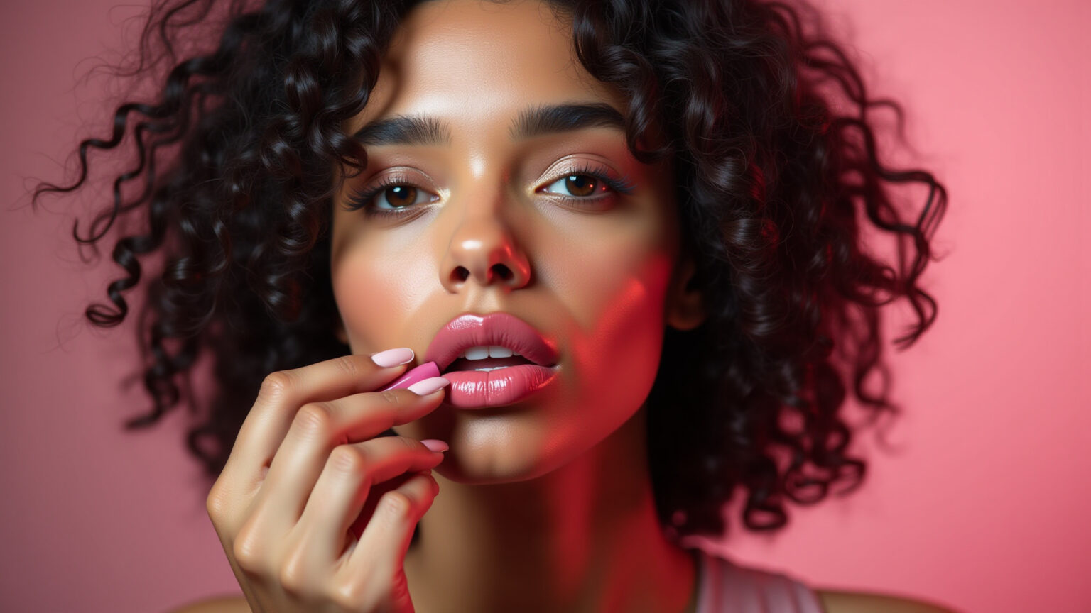 Maquiagem para vestido rosa: close-up de mulher aplicando batom rosa.