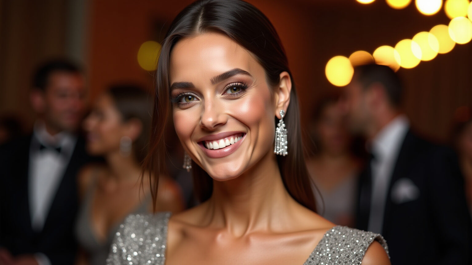 Mulher deslumbrante com maquiagem impecável e vestido prata para festa.