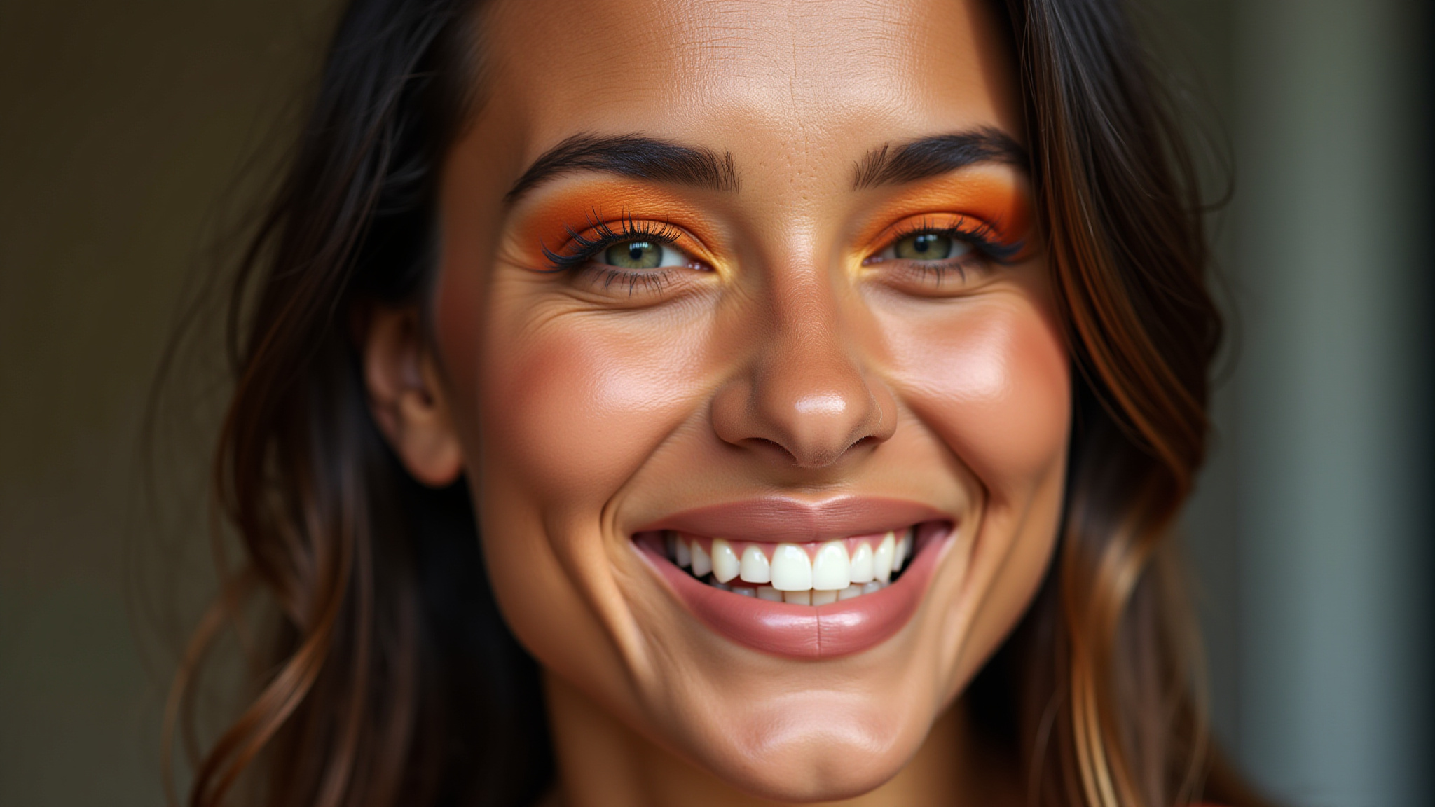 Mulher brasileira sorrindo aplicando maquiagem com tons de laranja.