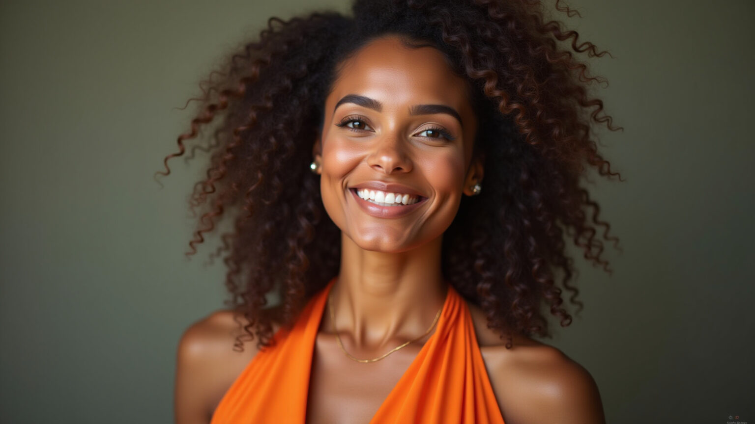 Mulher brasileira sorrindo com maquiagem elegante em tons terrosos e vestido laranja.