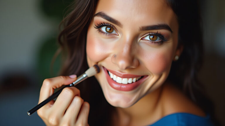 Mulher sorrindo aplicando maquiagem elegante para usar com vestido azul.